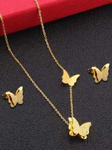 1 set Juego de collar y pendientes de acero inoxidable con diseño de mariposa, a prueba de agua y resistente a la decoloración, de estilo minimalista y elegante para uso diario