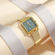 1pc Bamboo Strap Square Dial Gold Color Quartz Watch, Unique Design, Suitable For Daily Wear, Birthday, Women's Gift, Anniversary, Year-End Promotion, Singles' Day, Halloween Promotion, No Gift Box