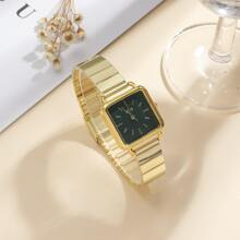 1pc Bamboo Strap Square Dial Gold Color Quartz Watch, Unique Design, Suitable For Daily Wear, Birthday, Women's Gift, Anniversary, Year-End Promotion, Singles' Day, Halloween Promotion, No Gift Box