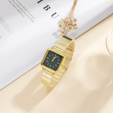 1pc Bamboo Strap Square Dial Gold Color Quartz Watch, Unique Design, Suitable For Daily Wear, Birthday, Women's Gift, Anniversary, Year-End Promotion, Singles' Day, Halloween Promotion, No Gift Box