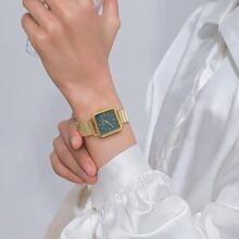1pc Bamboo Strap Square Dial Gold Color Quartz Watch, Unique Design, Suitable For Daily Wear, Birthday, Women's Gift, Anniversary, Year-End Promotion, Singles' Day, Halloween Promotion, No Gift Box