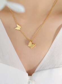 1 set Juego de collar y pendientes de acero inoxidable con diseño de mariposa, a prueba de agua y resistente a la decoloración, de estilo minimalista y elegante para uso diario
