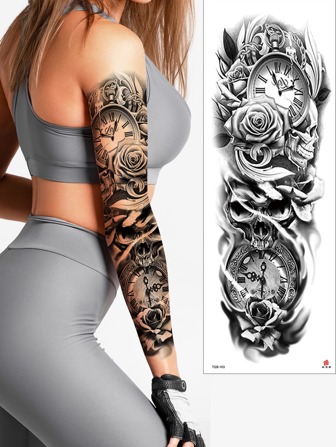 1 st ros & skalle & klockmönster tillfälligt tatueringsklistermärke Arm tatuering klistermärke Fake tatuering klistermärke