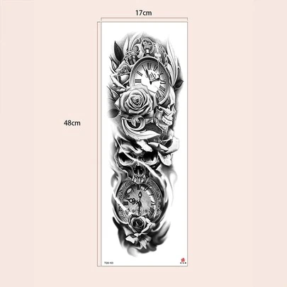 1 Pieza Tatuaje temporal con patrón de rosa, calavera y reloj para brazo - Pegatina de tatuaje falso