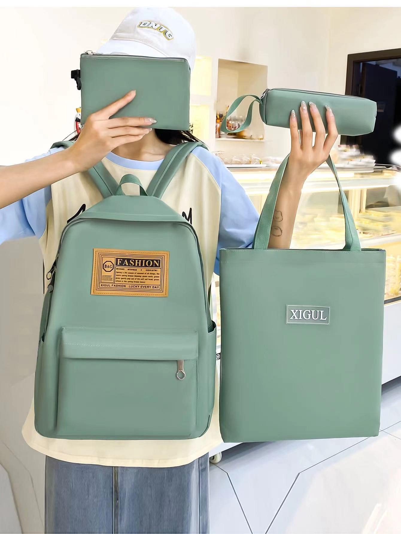 3pcs/set School Style Nylon Combination Bag With Letter Decorations With Lunch Bag & Pen Case - Green - View 1