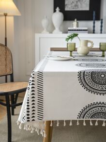 1pc Bohemian Fringe Rectangle Texture Decor Tablecloth, Suitable For Indoor/outdoor Dining/party - Black and White - View 4