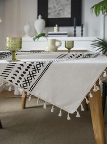 1pc Bohemian Fringe Rectangle Texture Decor Tablecloth, Suitable For Indoor/outdoor Dining/party - Black and White - View 10