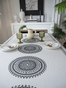 1pc Bohemian Fringe Rectangle Texture Decor Tablecloth, Suitable For Indoor/outdoor Dining/party - Black and White - View 6