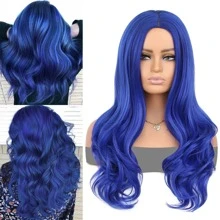 Pelucas Onduladas Azules Largas De 24 Pulgadas Peluca Azul Oscuro Rizada Larga Parte Media Pelo Sintético De Aspecto Natural - Azul - Ver 4