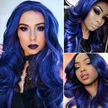 Pelucas Onduladas Azules Largas De 24 Pulgadas Peluca Azul Oscuro Rizada Larga Parte Media Pelo Sintético De Aspecto Natural - Azul - Ver 8