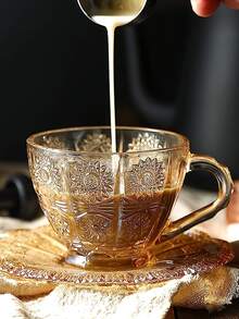 1Set Glass Cup and Saucer Set , amber Tea Mug Coffee Cup, Sun Flower Embossed - Maroon - View 1