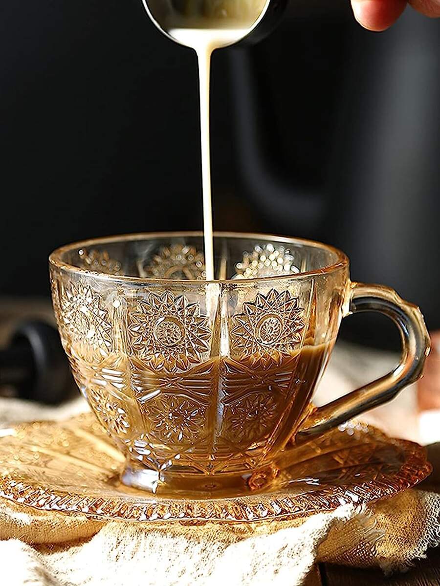 1Set Glass Cup and Saucer Set , amber Tea Mug Coffee Cup, Sun Flower Embossed - Maroon - View 1