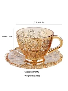 1Set Glass Cup and Saucer Set , amber Tea Mug Coffee Cup, Sun Flower Embossed - Maroon - View 2