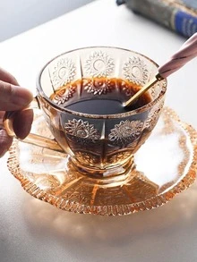 1Set Glass Cup and Saucer Set , amber Tea Mug Coffee Cup, Sun Flower Embossed - Maroon - View 3