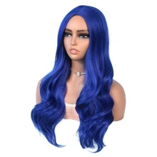 Pelucas Onduladas Azules Largas De 24 Pulgadas Peluca Azul Oscuro Rizada Larga Parte Media Pelo Sintético De Aspecto Natural - Azul - Ver 5