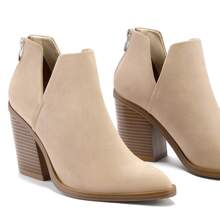 Women's Ankle Boots Slip On Cutout Pointed Toe Chunky Stacked Mid Heel Booties - Màu be - Xem 3