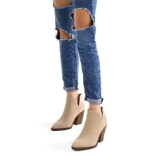 Women's Ankle Boots Slip On Cutout Pointed Toe Chunky Stacked Mid Heel Booties - Màu be - Xem 6
