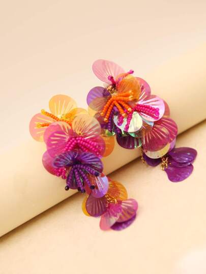 Handmade Colorful Shiny Sequin Shell Beaded Flower Drop Earrings, Eye-Catching And Dazzling, A Perfect Summer Beach Holiday Gift For Girls And Women