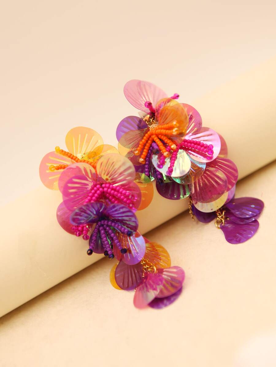 Handmade Colorful Hot Pink Shell Sequin Beaded Flower Drop Earrings Statement Earrings For Girl And Women Gift For Her Summer Vacation Beach