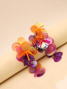 Handmade Colorful Hot Pink Shell Sequin Beaded Flower Drop Earrings Statement Earrings For Girl And Women Gift For Her Summer Vacation Beach