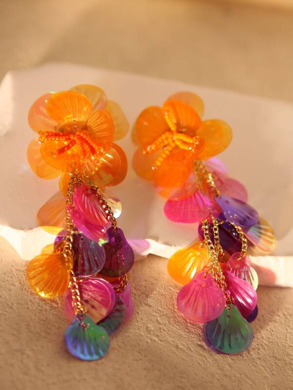 Pendientes colgantes de flor con cuentas y lentejuelas de concha de color rosa intenso hechos a mano, pendientes llamativos para niñas y mujeres como regalo para ella para el verano y la playa