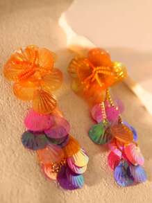 Handmade Colorful Hot Pink Shell Sequin Beaded Flower Drop Earrings Statement Earrings For Girl And Women Gift For Her Summer Vacation Beach - Golden Yellow - one large flower per earring - View 2
