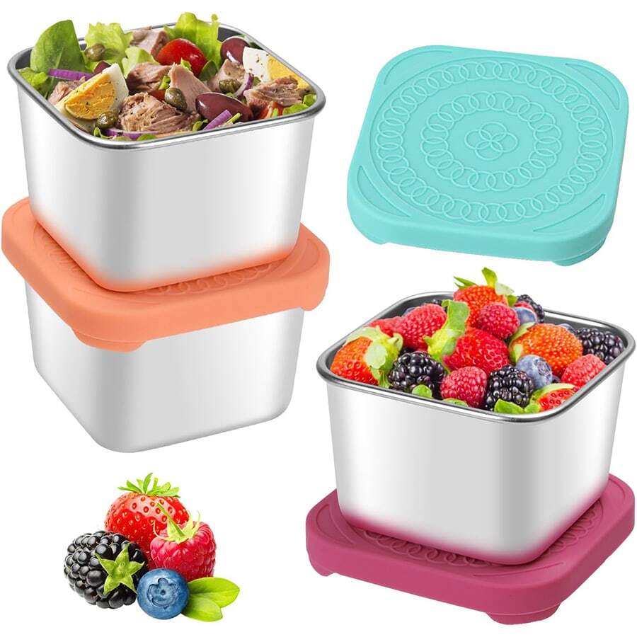 Set Of 3, 6oz Stainless Steel Snack Box With Silicone Lid, Leak-Proof Mini Metal Food Storage Container For Snacks, Lunch, Office, Travel - Multicolor - View 1