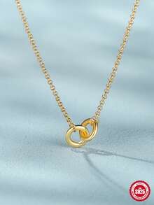 1入組925純銀經典簡單水潤光澤雙環女士們婚禮項鍊18K金顏色女性戀人鎖骨鏈條項鍊精細的首飾類 - 金黃色 - 查看 4