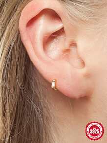 1pair French Bread Cubic Zirconia S925 Sterling Silver Huggies Women Daily Fine Hoop Earrings - Gold-White - View 3