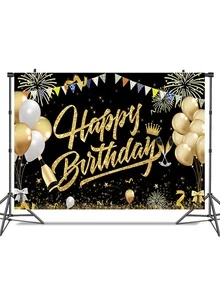 1 pieza negro con dorado globo Banner feliz de cumpleaños Tela de fondo , moderno rosado diseño , alto grado poliéster , rectangular , múltiple tallas , adecuado para de fiesta de cumpleaños Fondo de la foto , cuatro disponible - Oro rosa - Ver 3