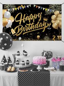 1 pieza negro con dorado globo Banner feliz de cumpleaños Tela de fondo , moderno rosado diseño , alto grado poliéster , rectangular , múltiple tallas , adecuado para de fiesta de cumpleaños Fondo de la foto , cuatro disponible - Oro rosa - Ver 2
