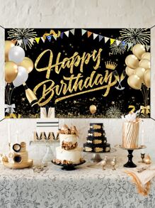 1 pieza negro con dorado globo Banner feliz de cumpleaños Tela de fondo , moderno rosado diseño , alto grado poliéster , rectangular , múltiple tallas , adecuado para de fiesta de cumpleaños Fondo de la foto , cuatro disponible - Oro rosa - Ver 1