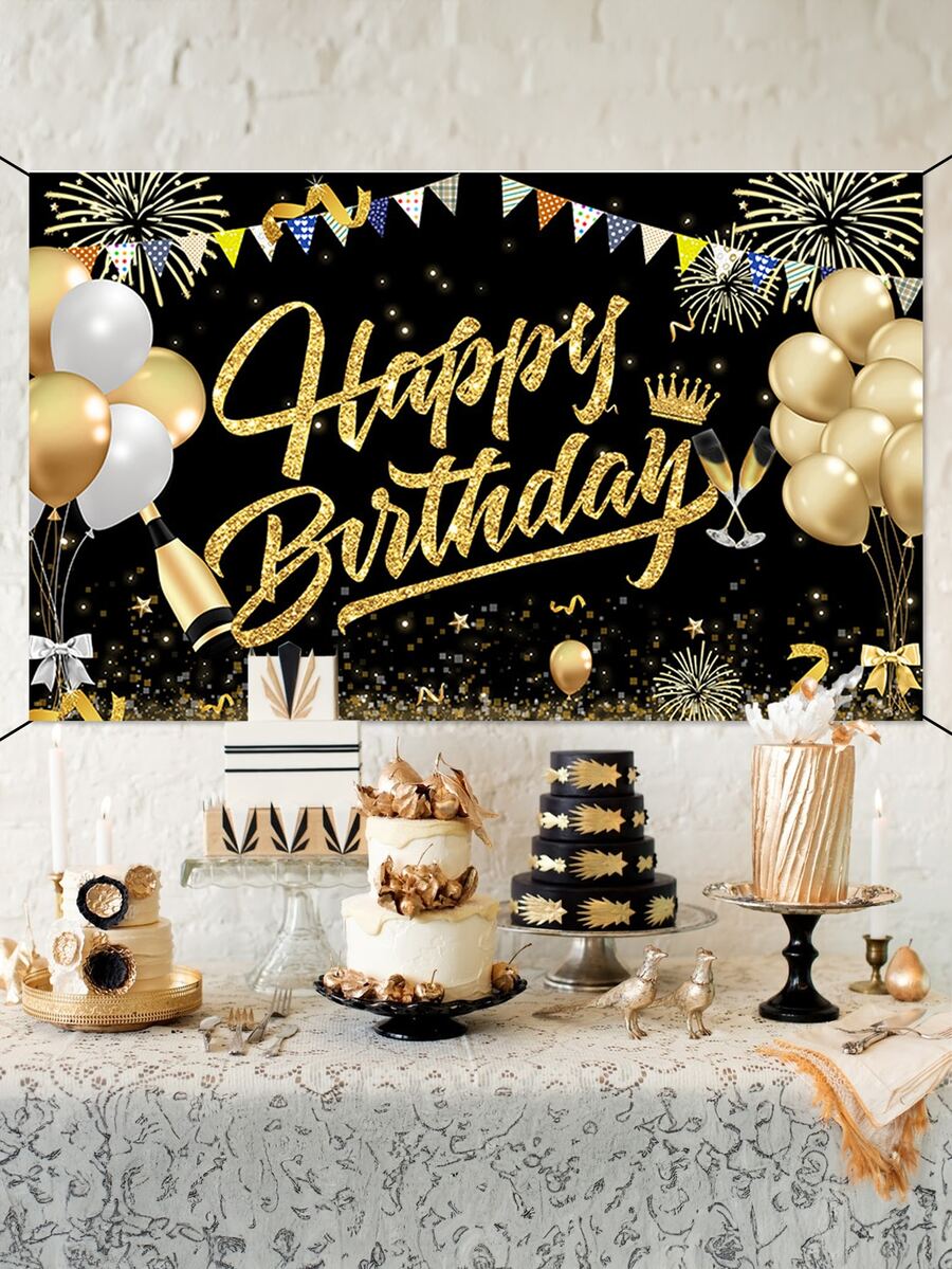 1 pieza negro con dorado globo Banner feliz de cumpleaños Tela de fondo , moderno rosado diseño , alto grado poliéster , rectangular , múltiple tallas , adecuado para de fiesta de cumpleaños Fondo de la foto , cuatro disponible - Oro rosa - Ver 1