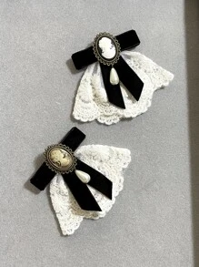 hepound Fashionable Vintage Embroidered Lace Black Velvet Bowknot Princess Brooch With Crystals Embellished, For Collar Decoration/floral Arrangement - Coffee Brown - View 4