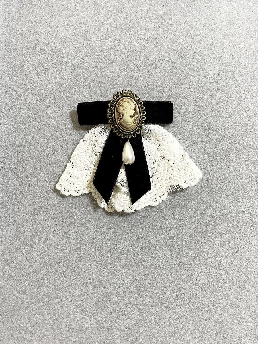 hepound Fashionable Vintage Embroidered Lace Black Velvet Bowknot Princess Brooch With Crystals Embellished, For Collar Decoration/floral Arrangement - Coffee Brown - View 1
