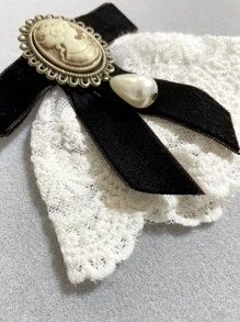 hepound Fashionable Vintage Embroidered Lace Black Velvet Bowknot Princess Brooch With Crystals Embellished, For Collar Decoration/floral Arrangement - Coffee Brown - View 6