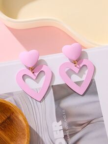 1 Par De Pendientes Mate De Forma De Corazón Con Pintura En Spray - Rosa - Ver 2