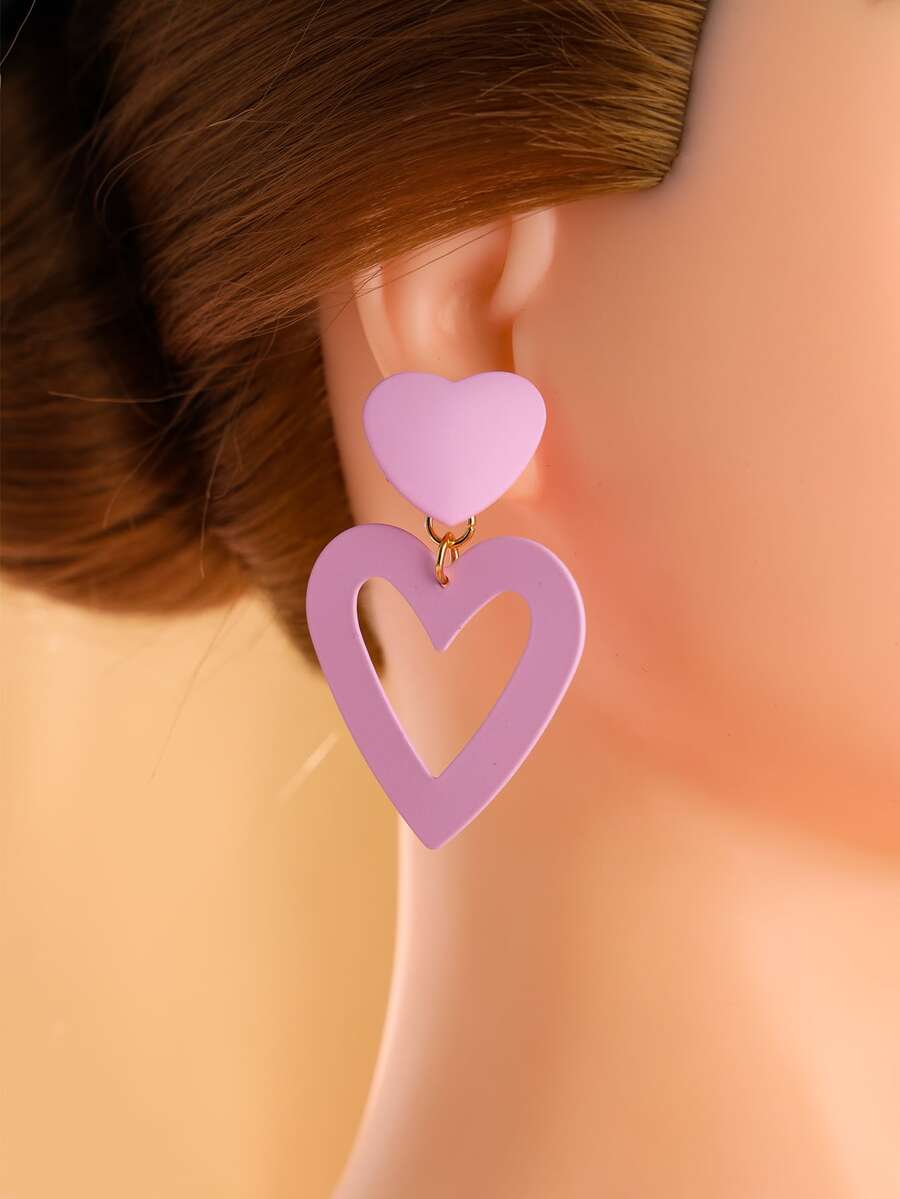 1 Par De Pendientes Mate De Forma De Corazón Con Pintura En Spray - Rosa - Ver 1