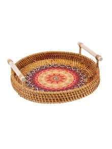 1個手工編織藤質圓形食物盤，帶木質把手的儲物盤，適用於水果麵包籃 - 棕色 - 查看 3