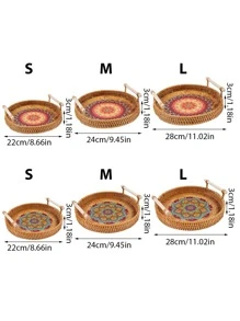 1個手工編織藤質圓形食物盤，帶木質把手的儲物盤，適用於水果麵包籃 - 棕色 - 查看 2