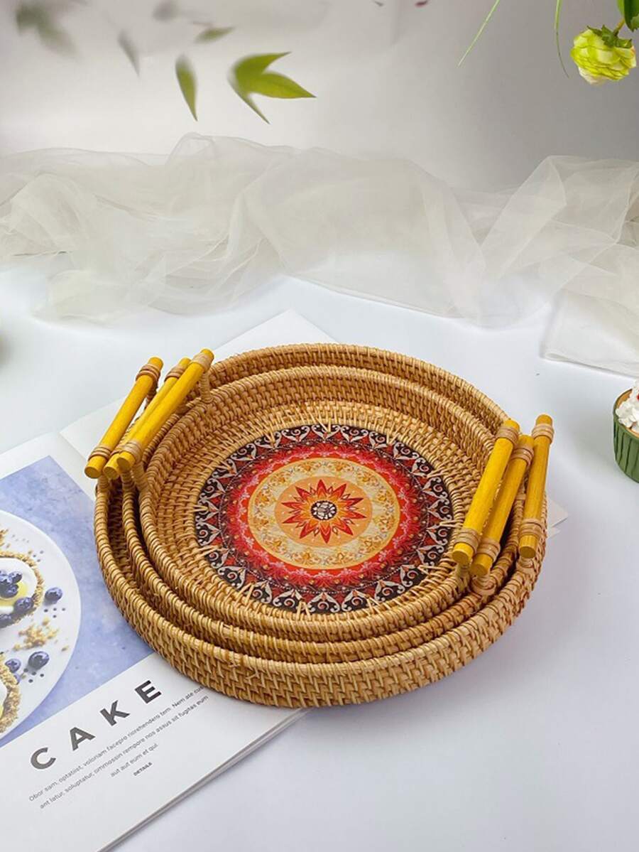 1個手工編織藤質圓形食物盤，帶木質把手的儲物盤，適用於水果麵包籃 - 棕色 - 查看 1