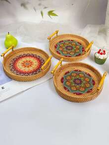 1個手工編織藤質圓形食物盤，帶木質把手的儲物盤，適用於水果麵包籃 - 棕色 - 查看 6