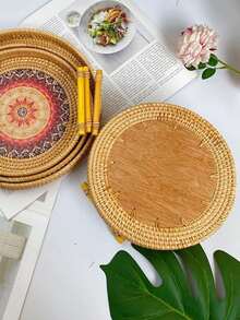 1個手工編織藤質圓形食物盤，帶木質把手的儲物盤，適用於水果麵包籃 - 棕色 - 查看 5