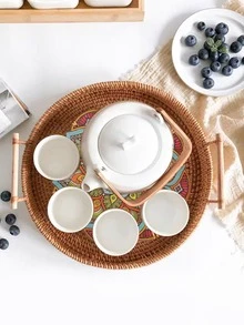 1個手工編織藤質圓形食物盤，帶木質把手的儲物盤，適用於水果麵包籃 - 棕色 - 查看 7