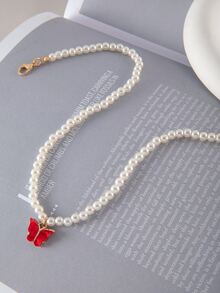 imoli 1pc Simple Butterfly & Faux Pearl Beaded Chain Necklace, Wedding Gift For Women - Red - View 4