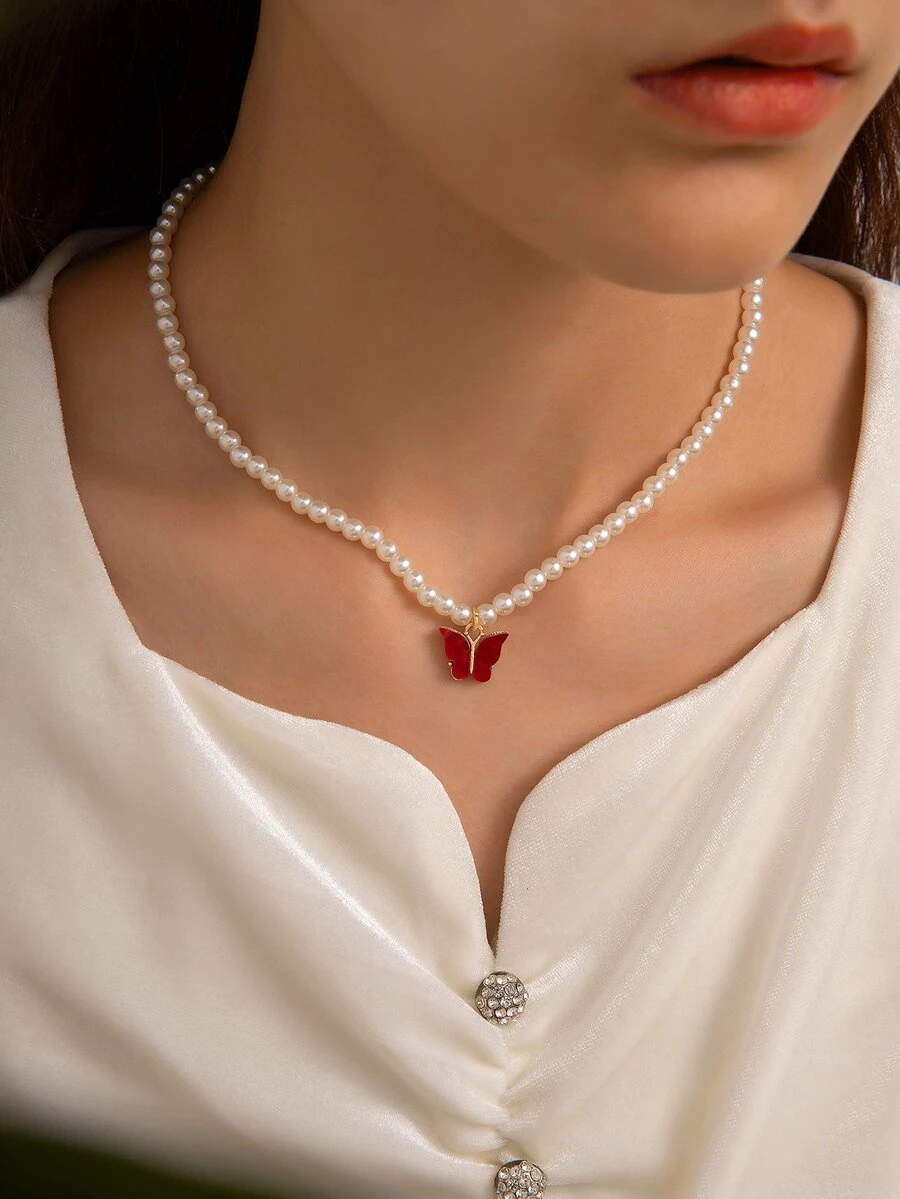 imoli 1pc Simple Butterfly & Faux Pearl Beaded Chain Necklace, Wedding Gift For Women - Red - View 1