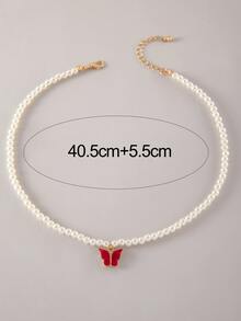 imoli 1pc Simple Butterfly & Faux Pearl Beaded Chain Necklace, Wedding Gift For Women - Red - View 6