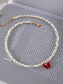 imoli 1pc Simple Butterfly & Faux Pearl Beaded Chain Necklace, Wedding Gift For Women - Red - View 3