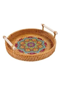 1pc Rattan Handwoven Round Serving Tray Food Storage Plate With Wooden Handles Wicker Basket Wooden Tray For Fruit Breadbasket - Coffee Brown - View 3