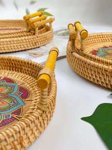 1pc Rattan Handwoven Round Serving Tray Food Storage Plate With Wooden Handles Wicker Basket Wooden Tray For Fruit Breadbasket - Coffee Brown - View 9